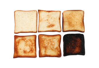 Toasting doneness. Bread slices of different shades isolated on white, top view