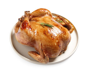 Tasty roasted chicken with rosemary and lemon isolated on white
