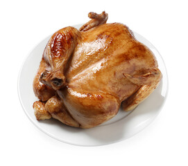 One tasty roasted chicken isolated on white, top view