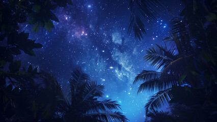 Starry Night Oasis: Galaxy View Amidst Palm Leaves