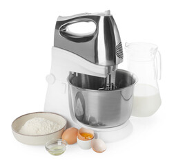 Stand mixer and different ingredients for dough isolated on white