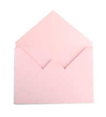 Open pink letter envelope isolated on white, top view