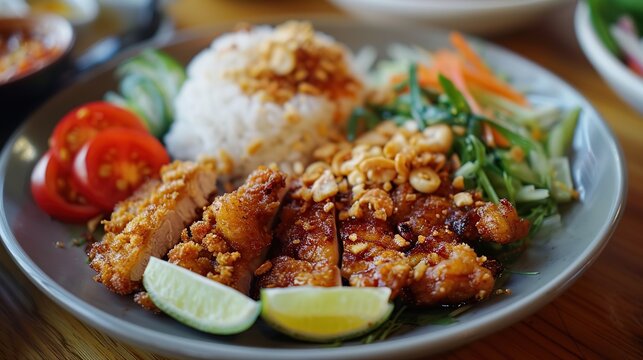 Chicken Geprek with typical Balinese flavor. Served with warm rice. Generative AI