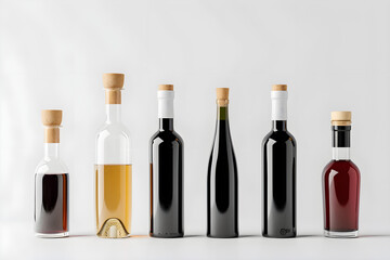 Glass bottles of different shapes and sizes with corks, white background