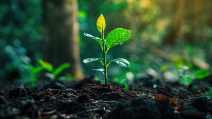 Small green tree seedling growing in forest.