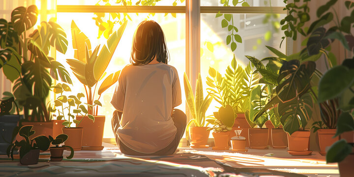 Serene Moment with Woman and Indoor Plants by the Window, lo-fi animation background