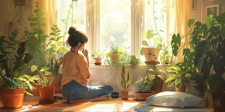 Peaceful Morning with Woman and Lush Houseplants by the Window, lo-fi animation background
