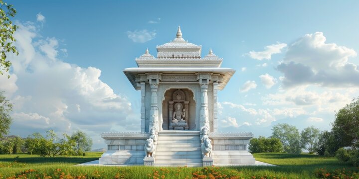 Small hindu temple with white marble on senic green landscape with blue sky, god inside, close from back side