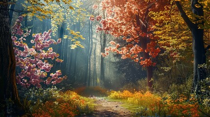   A painting portrays a path through a forest surrounded by trees and blooming flora on either side