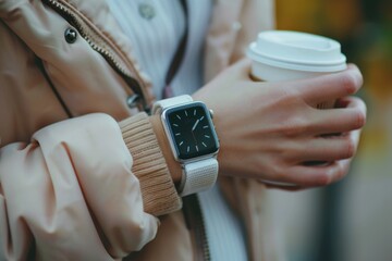  Smart watch and coffee in the hands of a girl