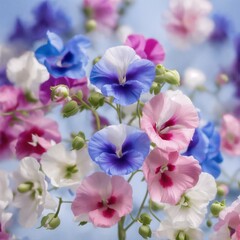 Small pretty blue, purple, pink, and white sweet pea flowers in the style of Porcelain