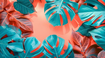 Vibrant turquoise philodendron leaves on soft coral background with tropical vibes