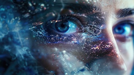 Close-up of woman's blue eye with abstract, digital effects overlaying her skin