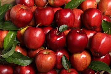 Fresh ripe red apples with leaves as background, top view