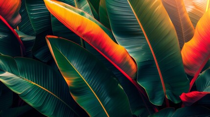 Vibrant dark green banana leaves with yellow and red streaks in high-contrast lighting