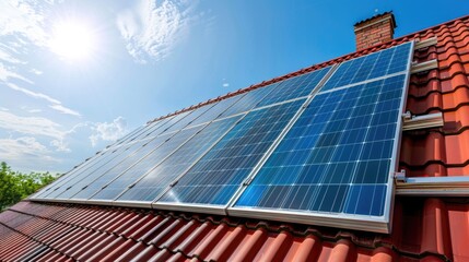 Solar water heater boiler on roof top, blue sky background