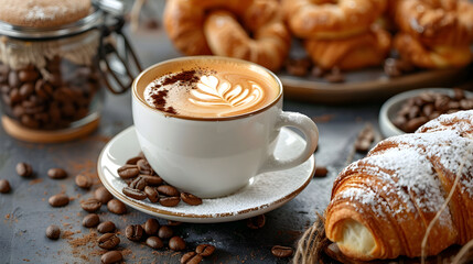 a cup of coffee (cappuccino) with foam and a pattern, sweets, fresh pastries and berries on the table