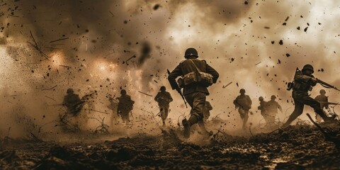Soldiers running across the battlefield in World War 2. Explosions in the background