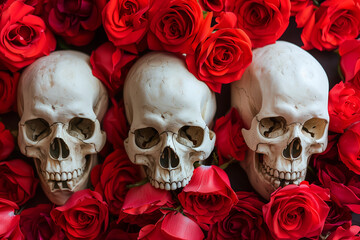 skulls and roses, closeup, three skulls, red roses, photorealistic // ai-generated 