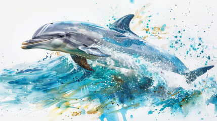 A dolphin is leaping out of the water, with its mouth open