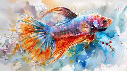 A colorful fish with orange fins is swimming in a blue and white background