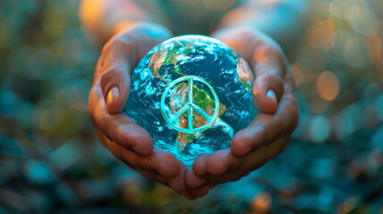 A person is holding a globe with a peace symbol on it