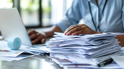 Resume Screening in Clean Workspace: Recruiter with Printed Resumes