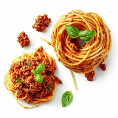 Spaghetti bolognese bundle, side and top view, white background, Italian food collection