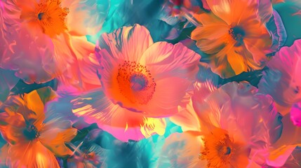 Neon pink, orange, yellow, turquoise abstract summer flowers background with digital motion glitch effect
