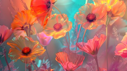 Neon pink, orange, yellow, turquoise abstract summer flowers background with digital motion glitch effect
