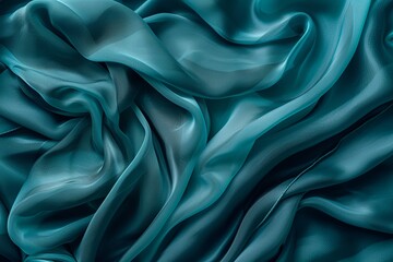 Turquoise satin cloth with wrinkles and folds. Establishment of a multicolored wavy surface