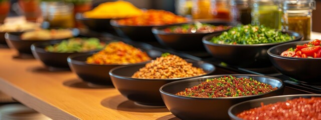 Spicy chili condiments buffet. a range of hot sauces on modern table for guests to customize plates