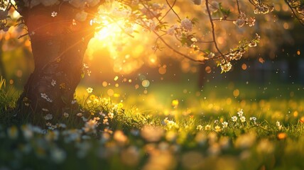 Sunlit meadow with blooming flowers and tree in springtime