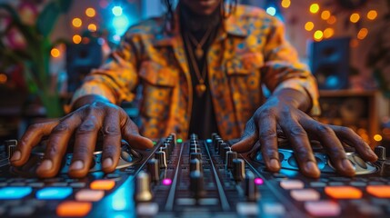 Hands of modern black man regulating sounds on dj set while standing by table in studio or loft apartment and turning mixers 