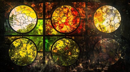 Abstract stained glass painting representing the four seasons as quadrants of a circle , Rembrandt Lighting, minimalist, geometric shapes