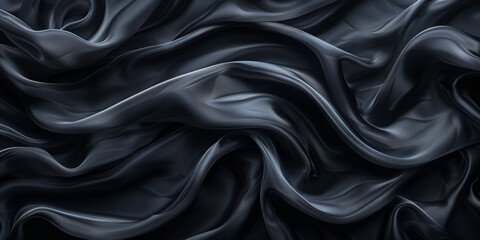 Elegant black satin fabric with smooth, wavy textures