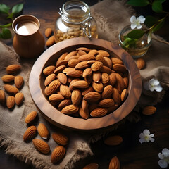 A wooden bowl filled with almonds is placed on top of a table. The almonds are neatly arranged inside the bowl, creating a visually appealing display.