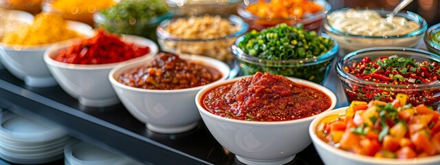 Buffet setup with a range of chili condiments and sauces for guests to customize their meal plates