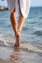 female feet in the sand on the beach Generative AI