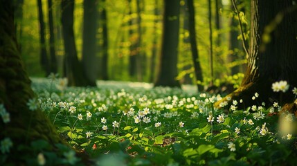  A lush forest bursts with an abundance of green and white blooms, its vibrant beauty mirrored in the adjoining woodland