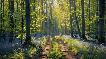   A dirt road winds through the dense forest, dotted with vibrant bluebells in the foreground and towering trees in the background