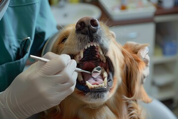 Naklejka premium Dog at the dentist's appointment. The dentist checks the dog's teeth health in the veterinary office. Pet insurance and care, pet health, oral and dental care for dogs