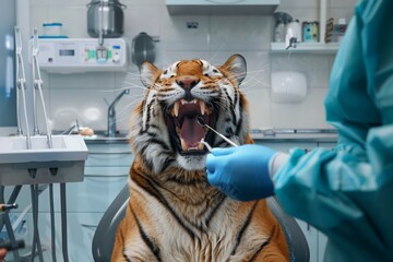 Dentistry for household pets. Conceptual advertising photo. Tiger with open mouth at dentist's office getting treatment. Animal dentistry, oral hygiene, animal dental care, veterinary, treatment.