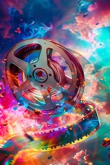 Film A film reel unraveling into colorful, dreamlike scenes that float around it