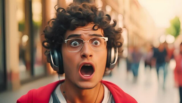 Young handsome man wearing sunglasses and headphone afraid and shocked with surprise expression, fear and excited face	