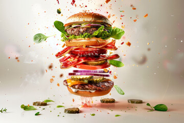 A dynamic explosion of burger ingredients, captured mid-air in a vibrant display