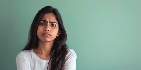Confused young woman with concerned expression standing against teal background