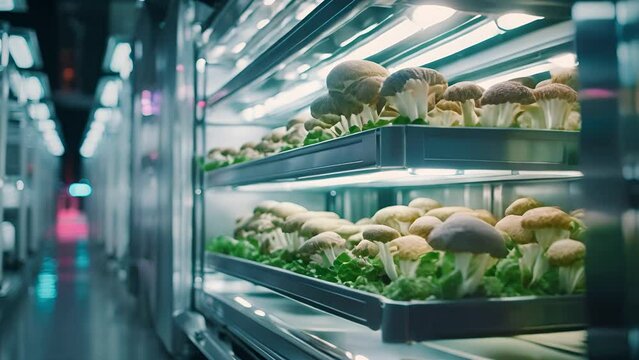 Sustainable solutions for urban agriculture. The impact of vertical farming and hydroponic technology. Organic mushrooms growing on modern mushroom farm with smart technologies. high - tech greenhouse