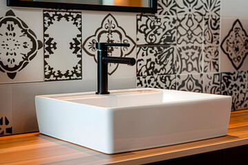 Minimalist rectangular bathroom sink setup,on wooden countertop,featuring geometric tile backsplash and sleek black faucet,perfect for adding touch of contemporary elegance to your design compositions