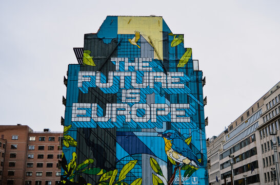 Brussels, Belgium - NOV 15, 2023: The Future is Europe Mural, Rue de la Loi, Brussels.